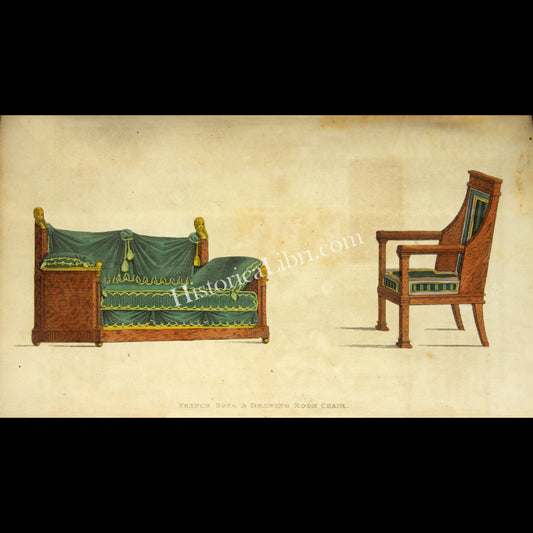 Ackermann's Repository 1812 June Plate 38 French Sofa & Drawing Room Chair